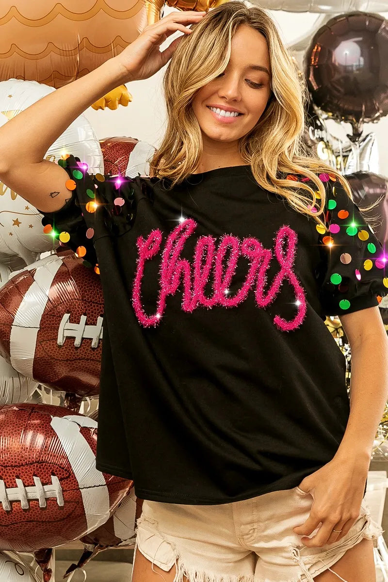 Shop BiBi Metallic Letter Spangle Raglan Puff Sleeve Top-available at Reef Love online boho-chic boutique