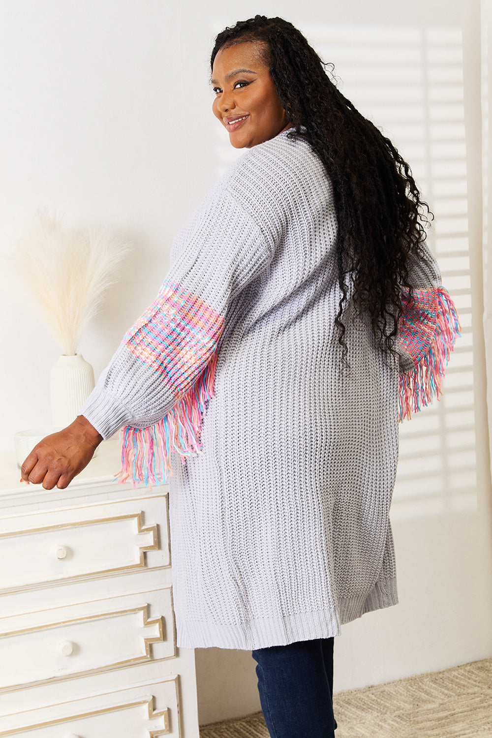 Woven Pink Fringe Sleeve Dropped Shoulder Cardigan-Woven Right-Reef Love