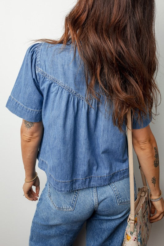 Denim Pleated Half Buttoned Short Sleeve Blouse-Blouse-Reef Love
