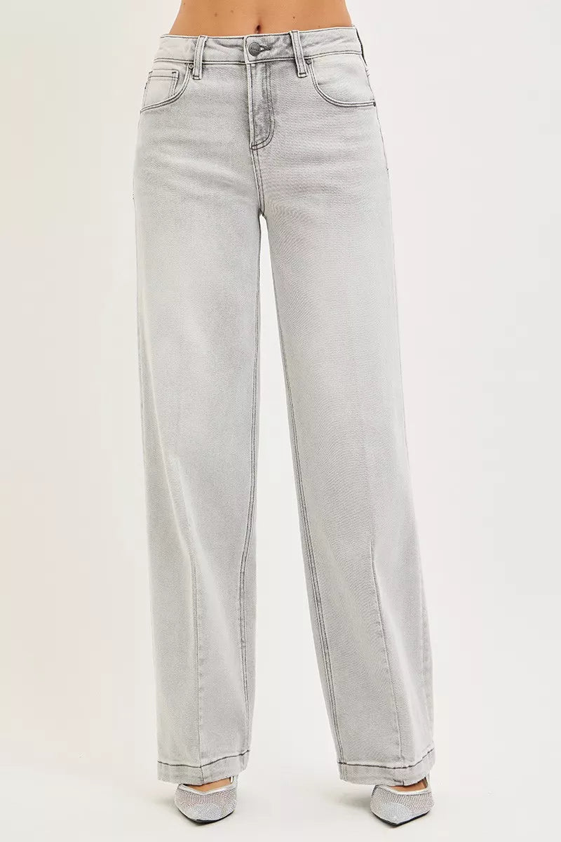 RISEN Slouchy Boyfriend Jeans with Contrast Stitching, Light Grey Wash-RISEN-Reef Love