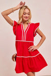 Gameday Ruffle Tier Mini Dress-Get gameday ready in this red tiered dress with contrast binding and ruffled details. A sporty-chic cotton favorite with playful details ready for football. -Reef Love Boutique
