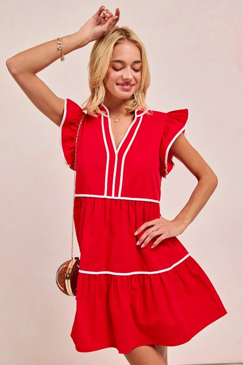 Gameday Ruffle Tier Mini Dress-Get gameday ready in this red tiered dress with contrast binding and ruffled details. A sporty-chic cotton favorite with playful details ready for football. -Reef Love Boutique