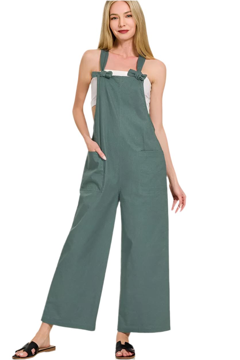 Womens Zenana Woven Knot Strap Cropped Overalls with bow straps in green