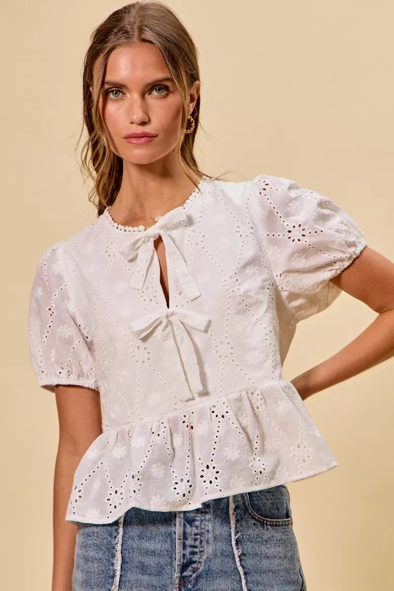 White Cotton Sunlit Eyelet Front-Tie Blouse-Reef Love