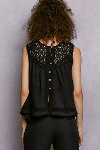 Sleeveless Top with Crochet Contrast, Black-POL-Reef Love