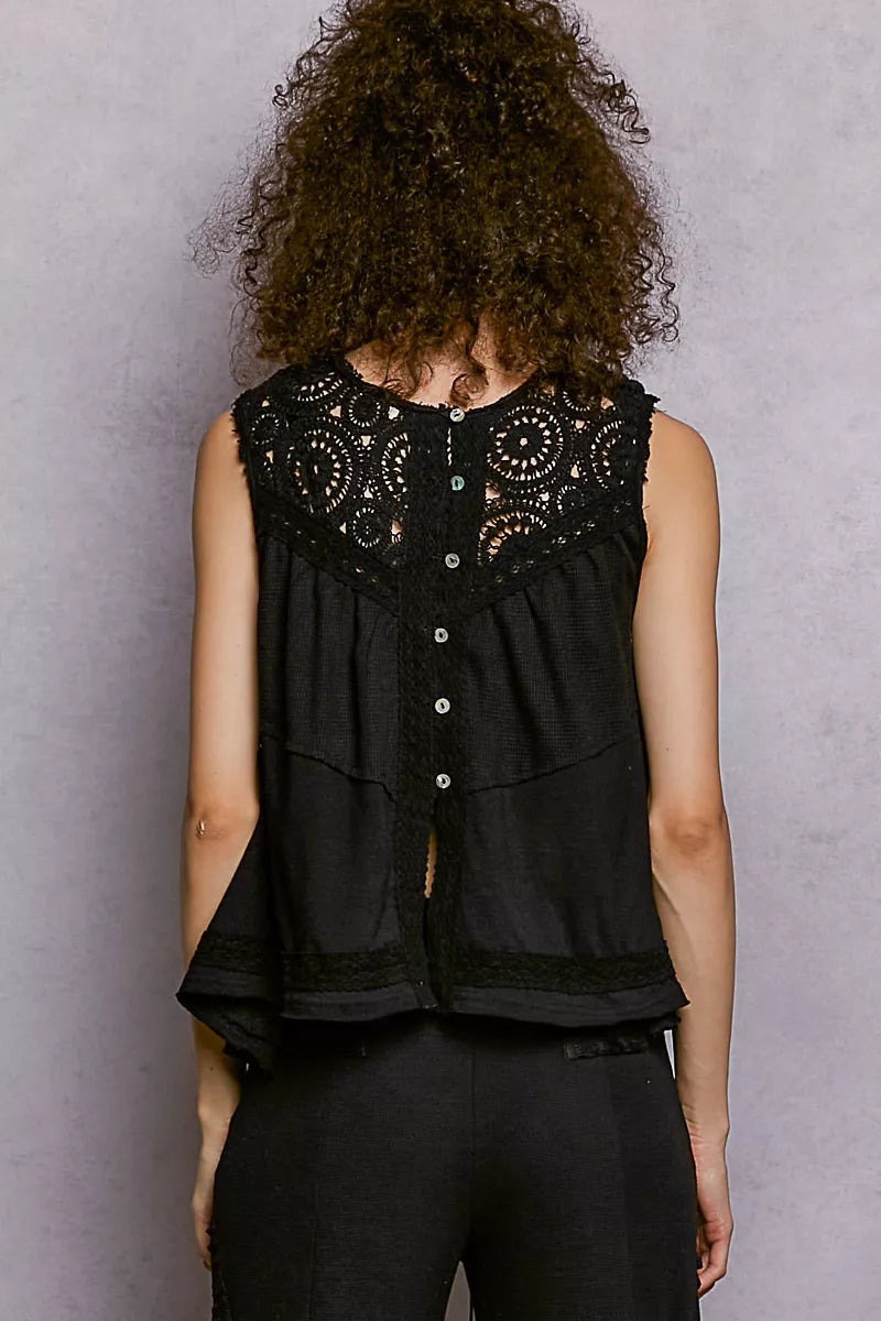 Sleeveless Top with Crochet Contrast, Black-POL-Reef Love
