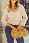 Bow Back Lantern Sleeve V-Neck Sweater-Reef Love