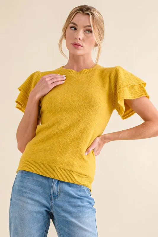 And The Why Double Layered Ruffle Sleeves Sweater Top-Knit Short Sleeve Sweater-Reef Love