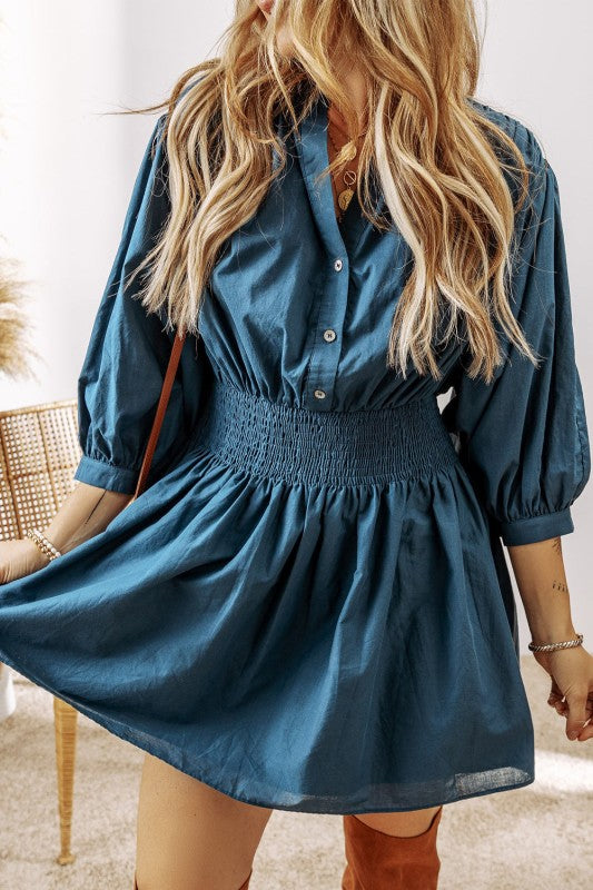 Vera 3/4 Sleeve Shirred High Waist Buttoned Mini Dress