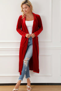Velvet Open-Front Pocketed Longline Duster Cardigan-JUNIPER BLVD-Reef Love