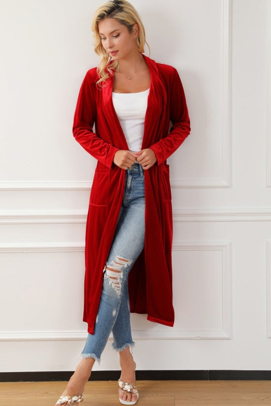 Velvet Open-Front Pocketed Longline Duster Cardigan-JUNIPER BLVD-Reef Love