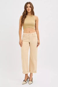 RISEN Tummy Control Ankle Relaxed Wide Leg Jeans, Buttermilk Beige-RISEN-Reef Love