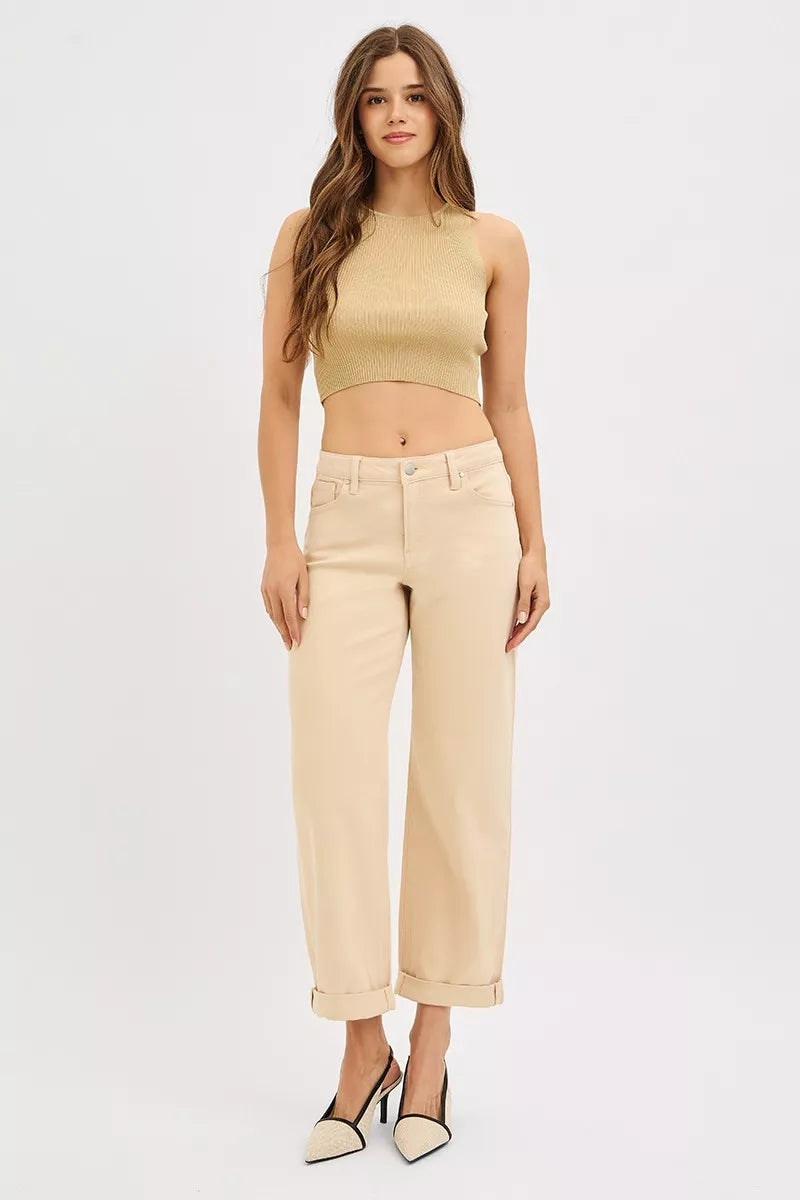 RISEN Tummy Control Ankle Relaxed Wide Leg Jeans, Buttermilk Beige-RISEN-Reef Love