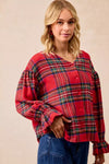 Christmas Plaid V-Neck Flounce Sleeve Jacket