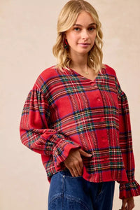 Christmas Plaid V-Neck Flounce Sleeve Jacket