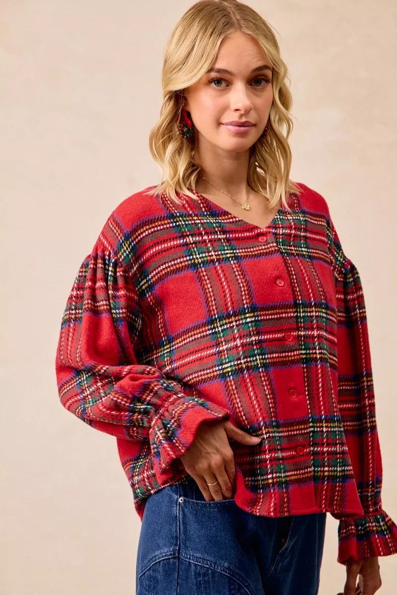 Christmas Plaid V-Neck Flounce Sleeve Jacket
