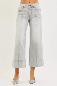 RISEN Tummy Control Mid Rise Crop Wide Pintuck Front Jeans, Grey Wash-RISEN-Reef Love