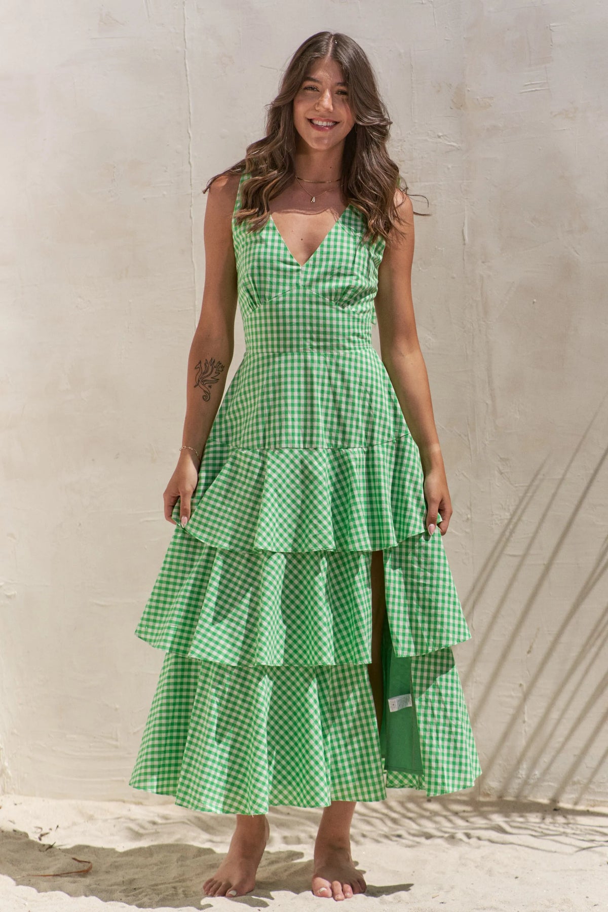 Kelly Gingham Print Tiered Midi Dress-Fresh, Feminine, and Effortlessly Chic. Breeze into warm-weather days in the Kelly Gingham Print Tiered Midi Dress, a delightful blend of classic pattern and flattering design. -Reef Love Boho-Chic Boutique