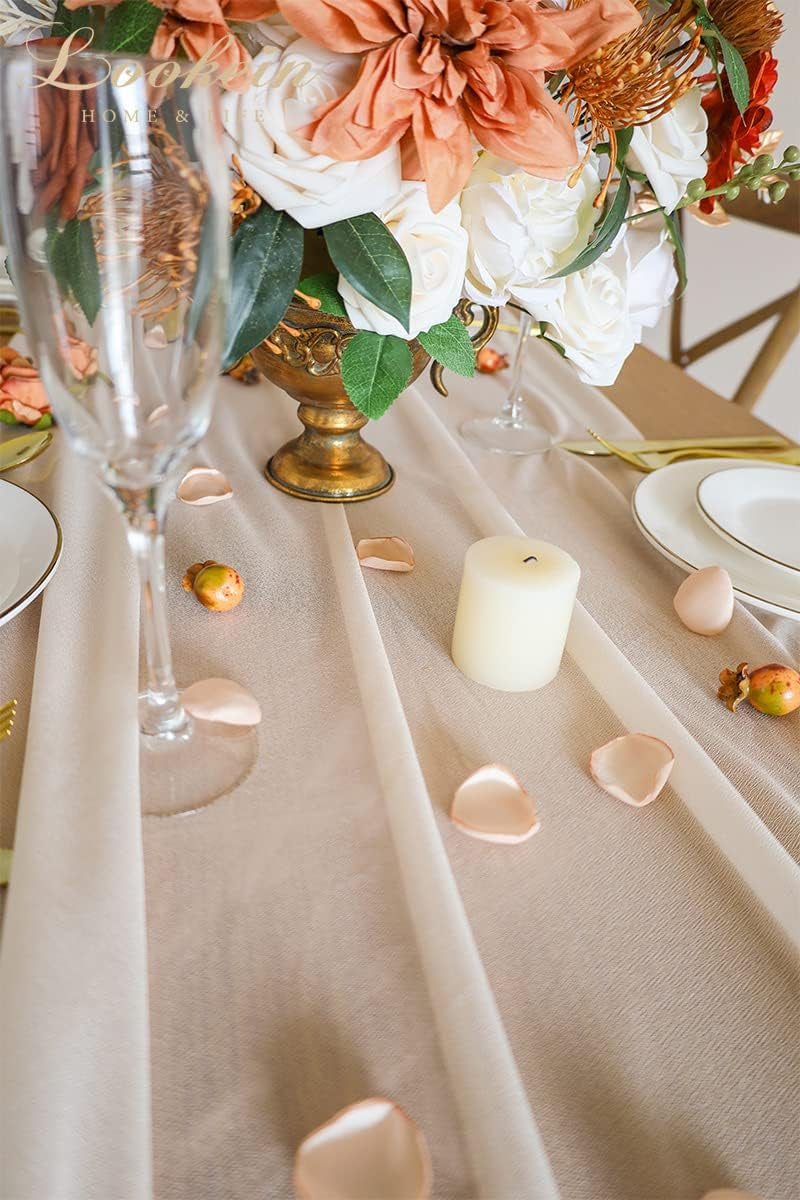 Lookein 10 Feet Champagne Chiffon Table Runner Sheer Wedding Table Cloth 29X120 Inches Rustic Wedding Decorations French Chiffon Table Runner