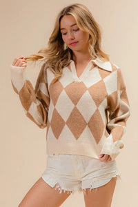 Shop Diamond Pattern Collared Notch Neck Sweater-Chic and cozy, the Diamond Pattern Collared Notch Neck Sweater, classic argyle design, soft knit fabric, timeless polo collar. Effortless everyday elegance.-Reef Love Boho-Chic Boutique