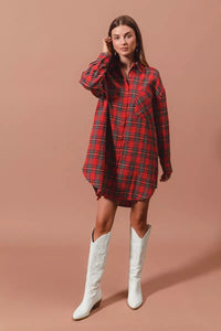 Christmas Checker Plaid Button Up Mini Shirt Dress