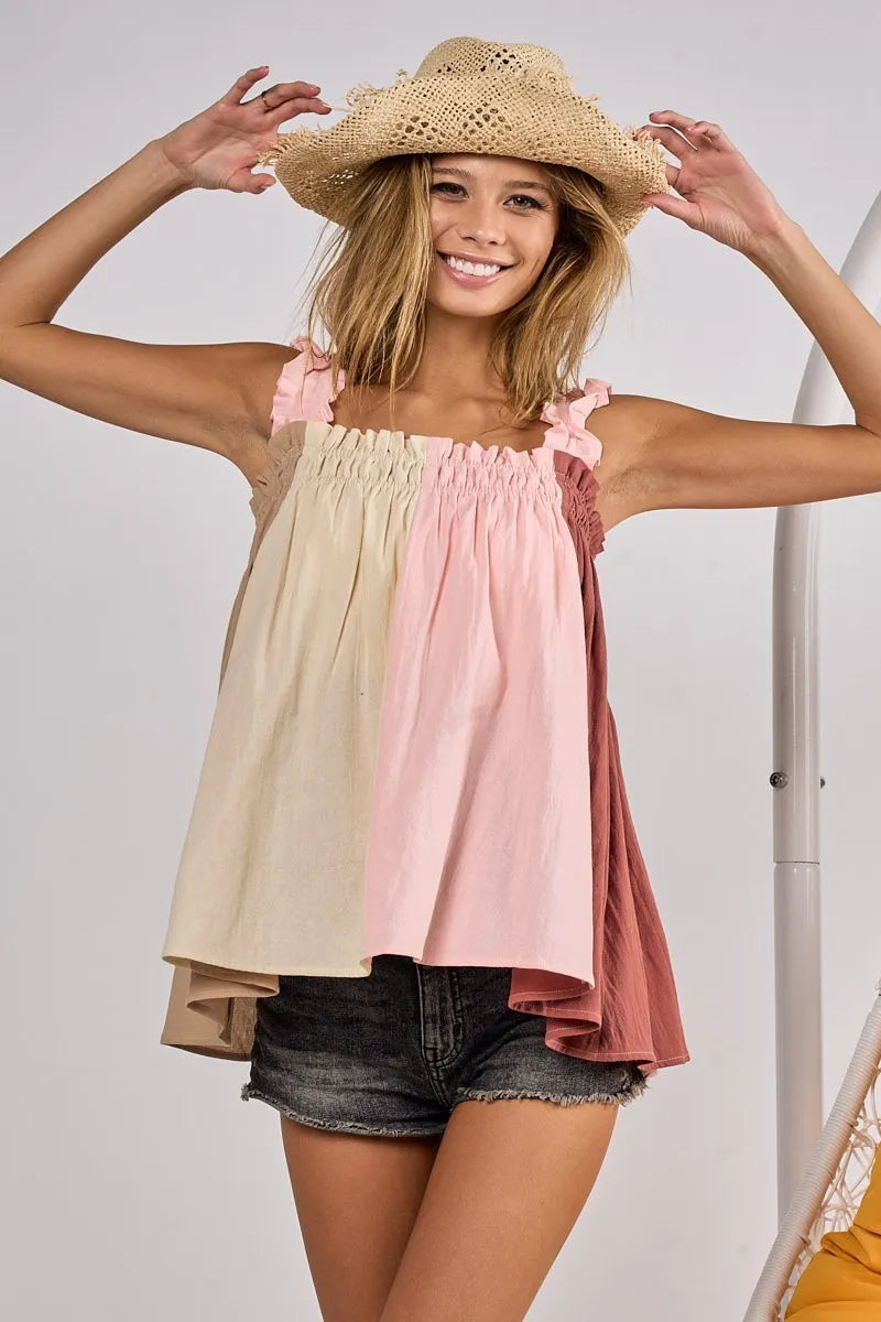 Frill Shoulder Strap Color Block Bodice Top-Reef Love