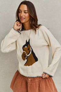 Horse Knit Sweater Top with Blanket Stitch-Sweater-Reef Love