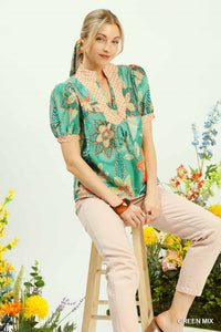Green Mix Mixed Abstract Print Puff Sleeve Blouse with V-neck, floral pattern, and bohemian flair.