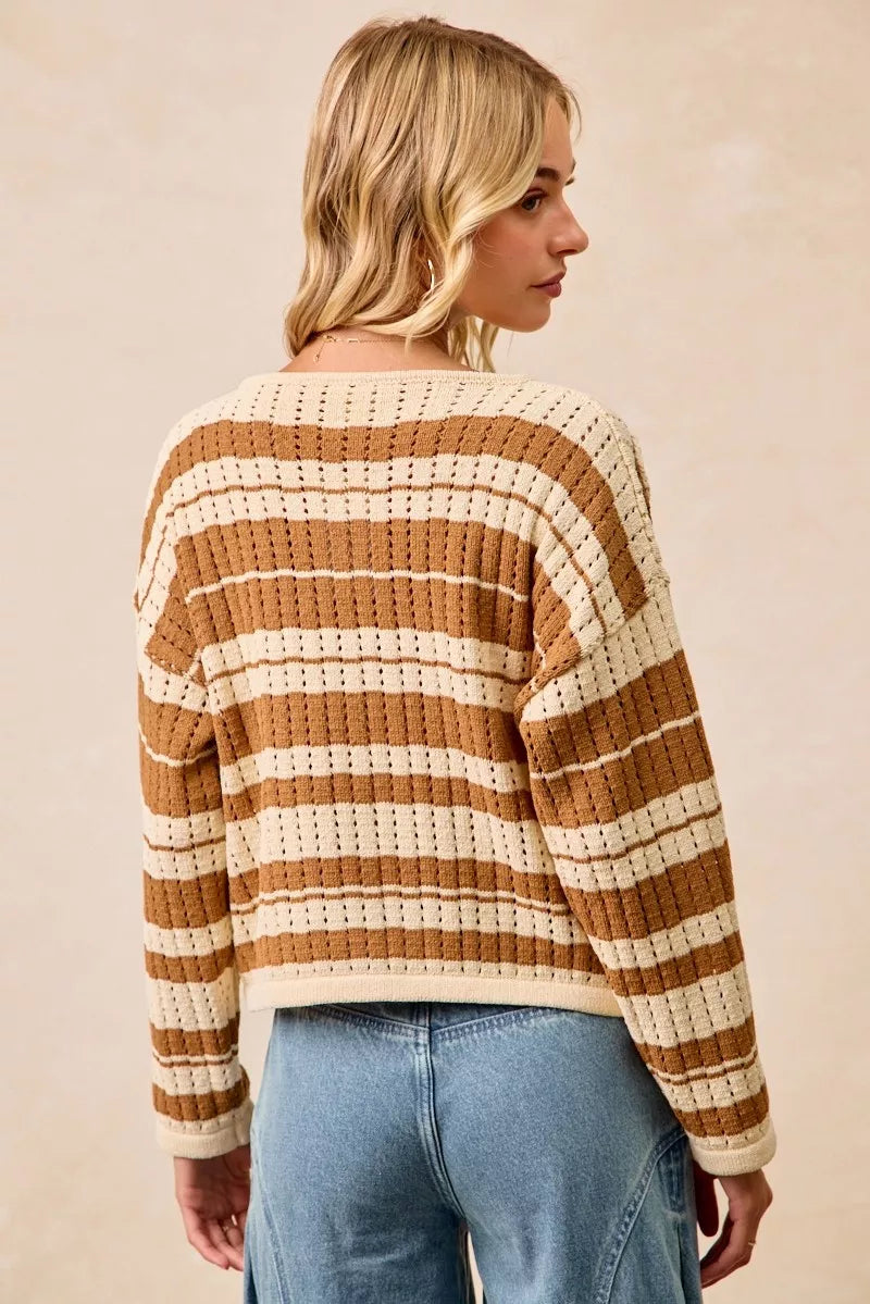 BiBi Striped Open Knit Sweater Top with Front Braided Detail-Trendsi-Reef Love