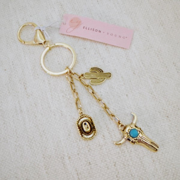 Western Rodeo Handbag Charm – Bull Skull & Cactus