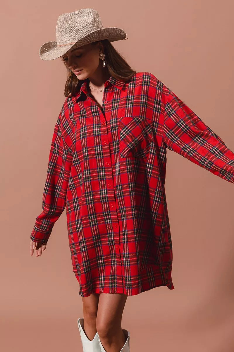 Christmas Checker Plaid Button Up Mini Shirt Dress