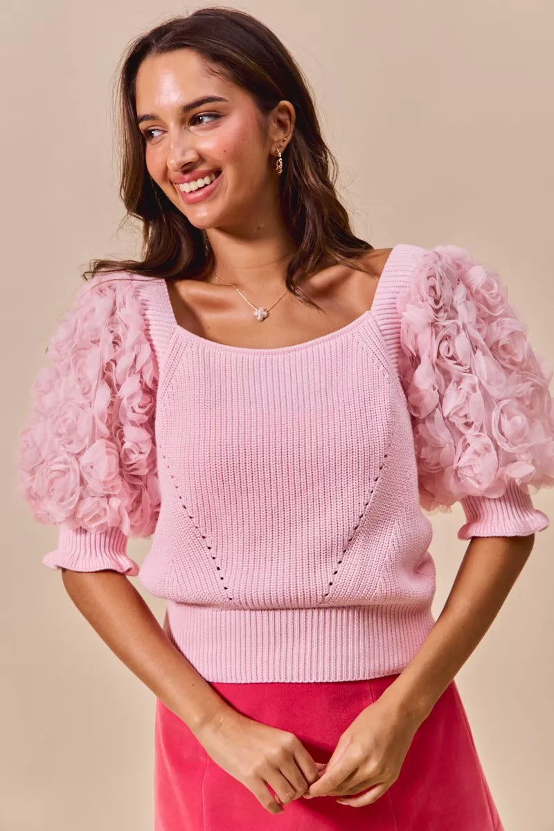 Rosette Sleeves Square Neck Knit Sweater-So Me-Reef Love