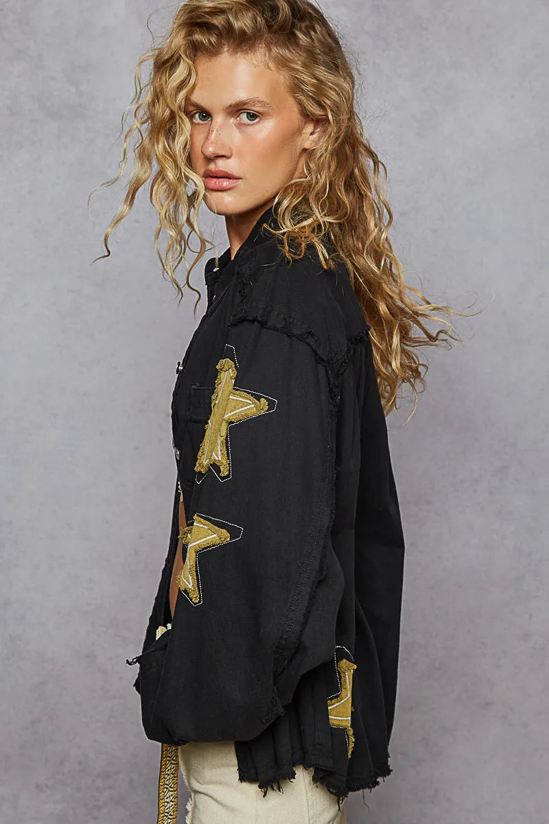 Shop POL Star Patch Raw Hem Button Up Denim Jacket-available at Reef Love online boho-chic boutique