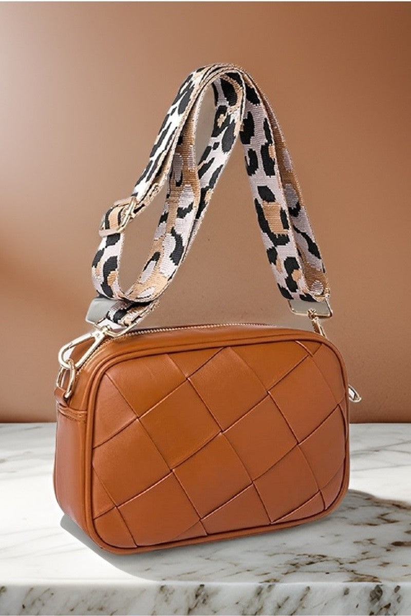 Woven light brown faux leather crossbody women’s bag with removable fabric strap with animal print