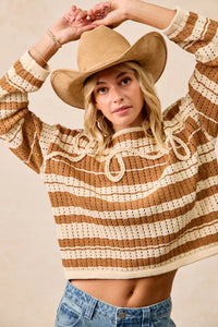 BiBi Striped Open Knit Sweater Top with Front Braided Detail-Trendsi-Reef Love