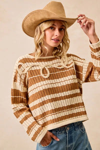 BiBi Striped Open Knit Sweater Top with Front Braided Detail-Trendsi-Reef Love
