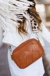 Woven light brown faux leather crossbody women’s bag with removable fabric strap with animal print