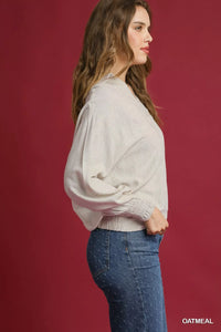 Linen Long Sleeves Elastic Hem Blouse