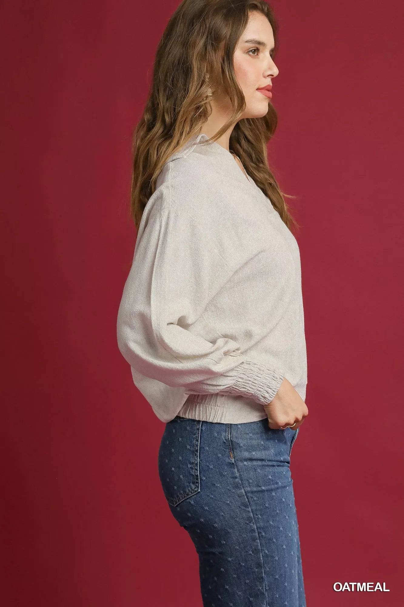 Linen Long Sleeves Elastic Hem Blouse