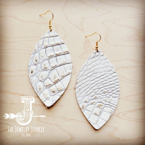 Leather Oval Earrings - White and Gold Gator 209r-Drop Earrings-Reef Love