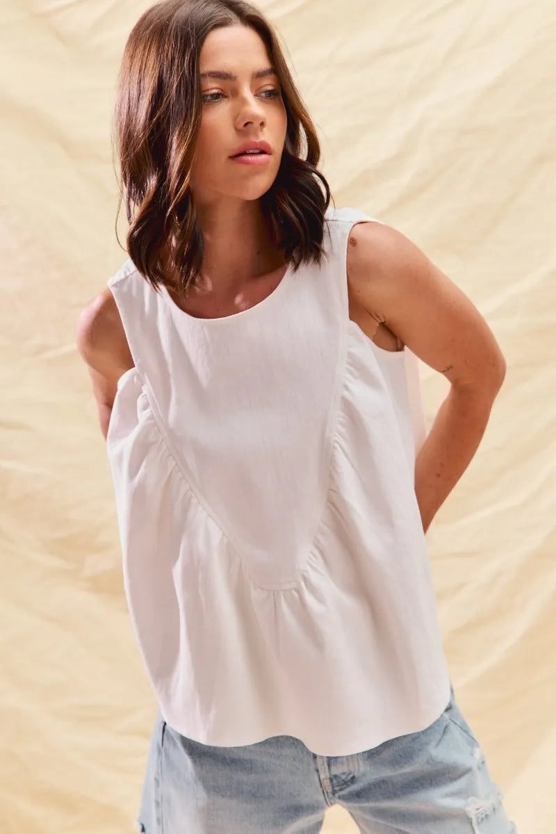 Game Day White Denim Ruched Sleeveless Top