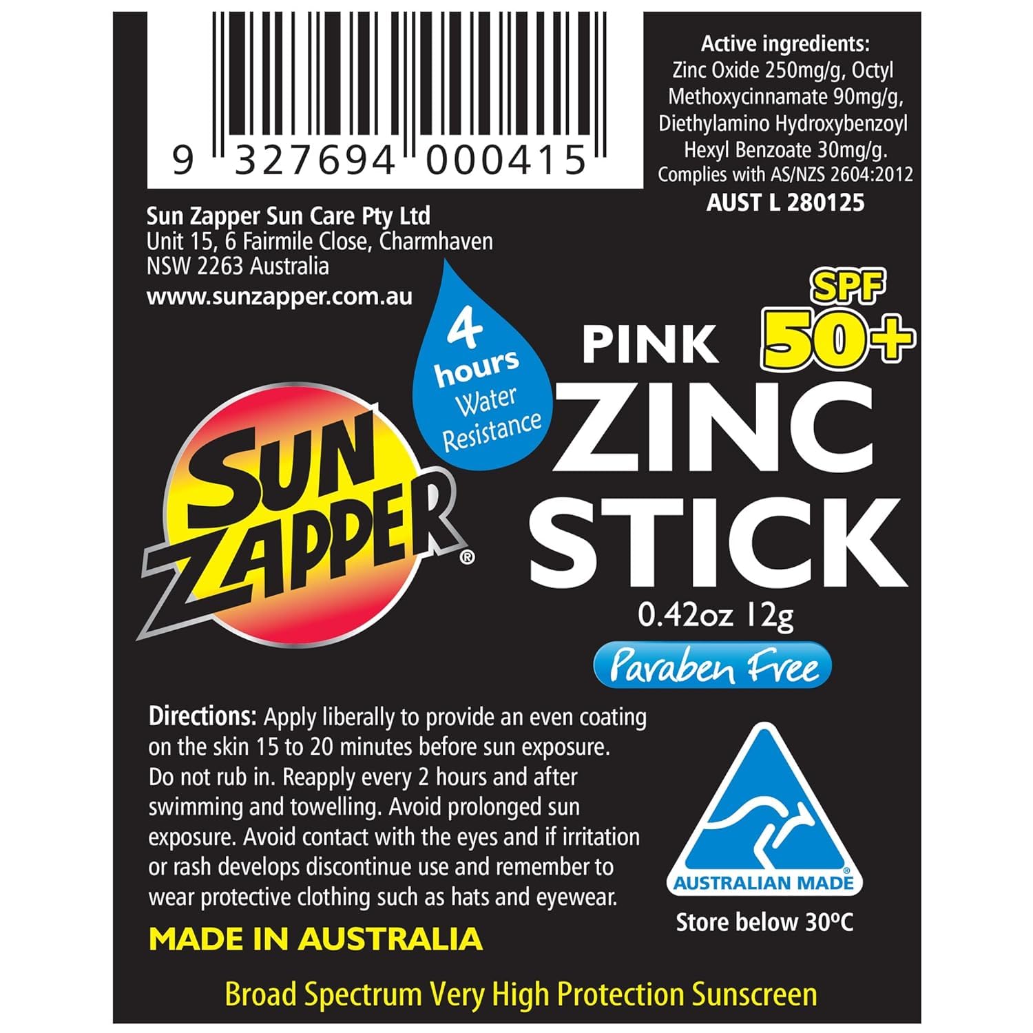 Vibrant Pink Sun Zapper Zinc Oxide Sunscreen Stick SPF 50+ – Fun Mineral Protection for Kids and Adults, Water Resistant and Travel-Friendly, Australian Made 12G