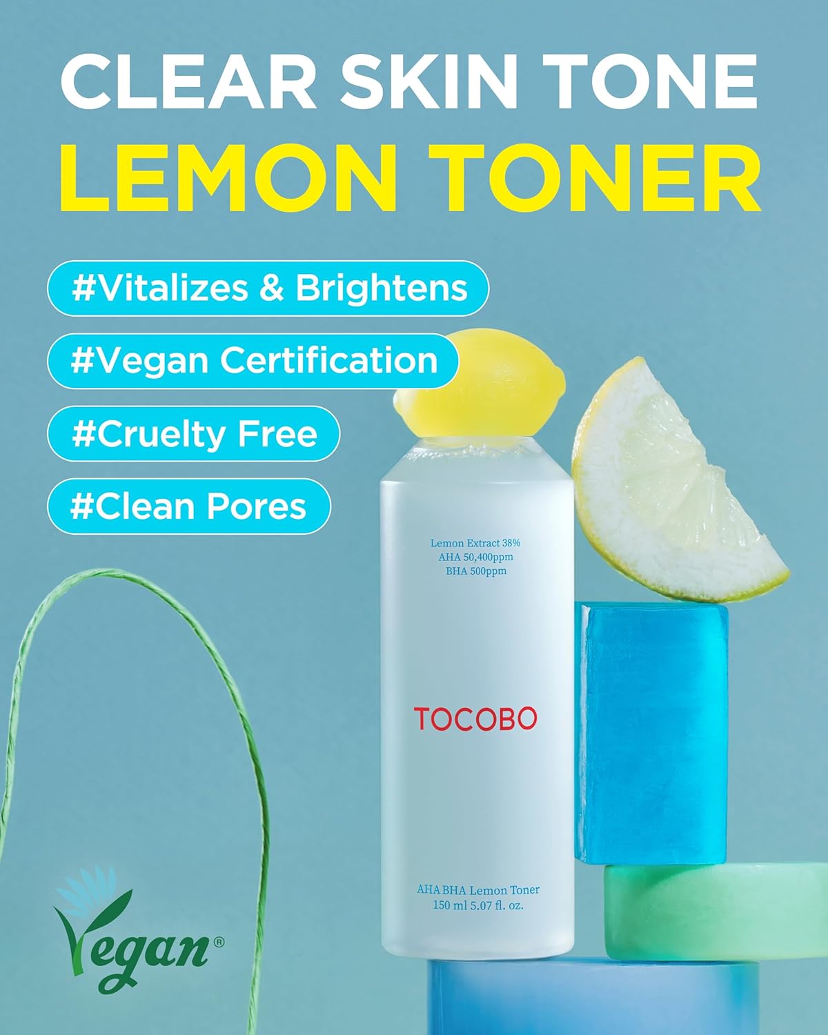 TOCOBO AHA BHA Lemon Facial Toner 5.07 Fl Oz / 150 Ml | Vitamin C and Lemon Extract, AHA, BHA, Calming and Soothing Moisturizer | Natural Ingredients, Vegan Toner, Cruelty Free