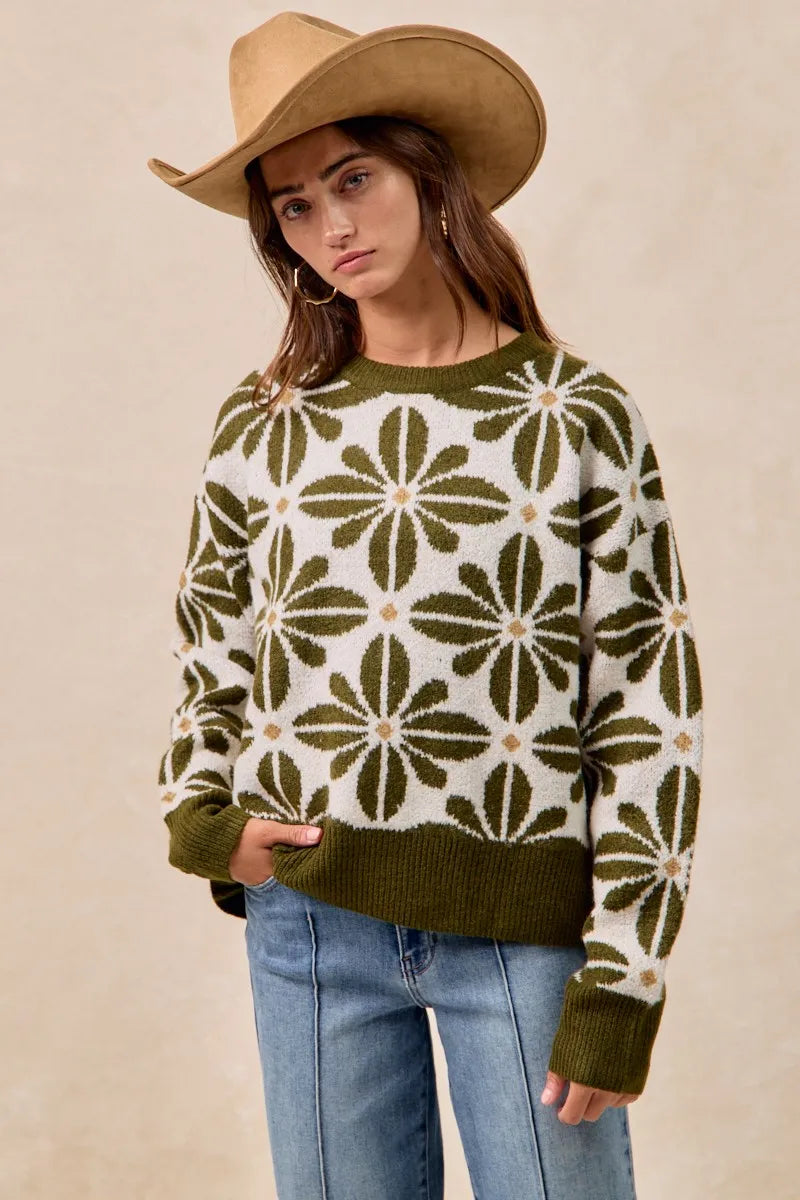 BiBi Flower Pattern Long Sleeve Sweater-Reef Love Boutique