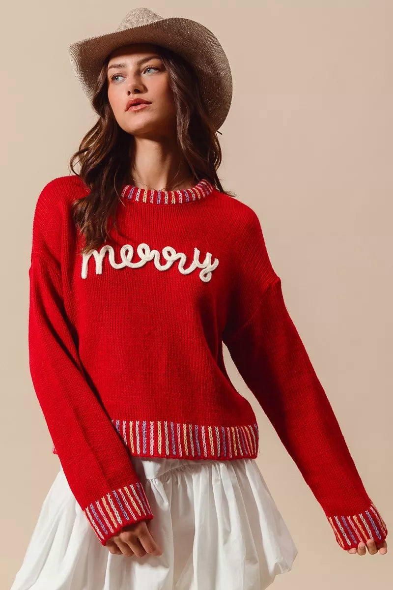 Merry Embroidered Christmas Sweater-Reef Love