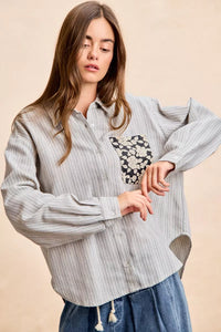 Flower Jacquard Knit Patch Pocket Stripe Shirt-BiBi-Reef Love