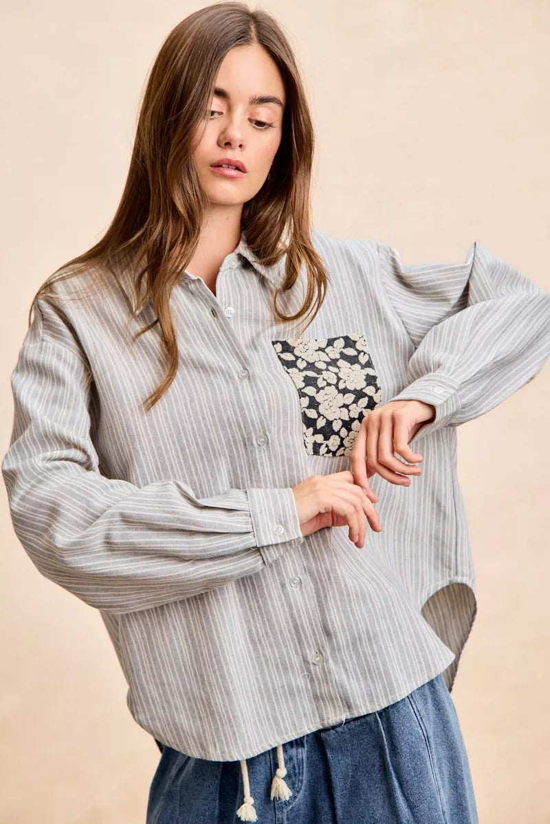 Flower Jacquard Knit Patch Pocket Stripe Shirt-BiBi-Reef Love