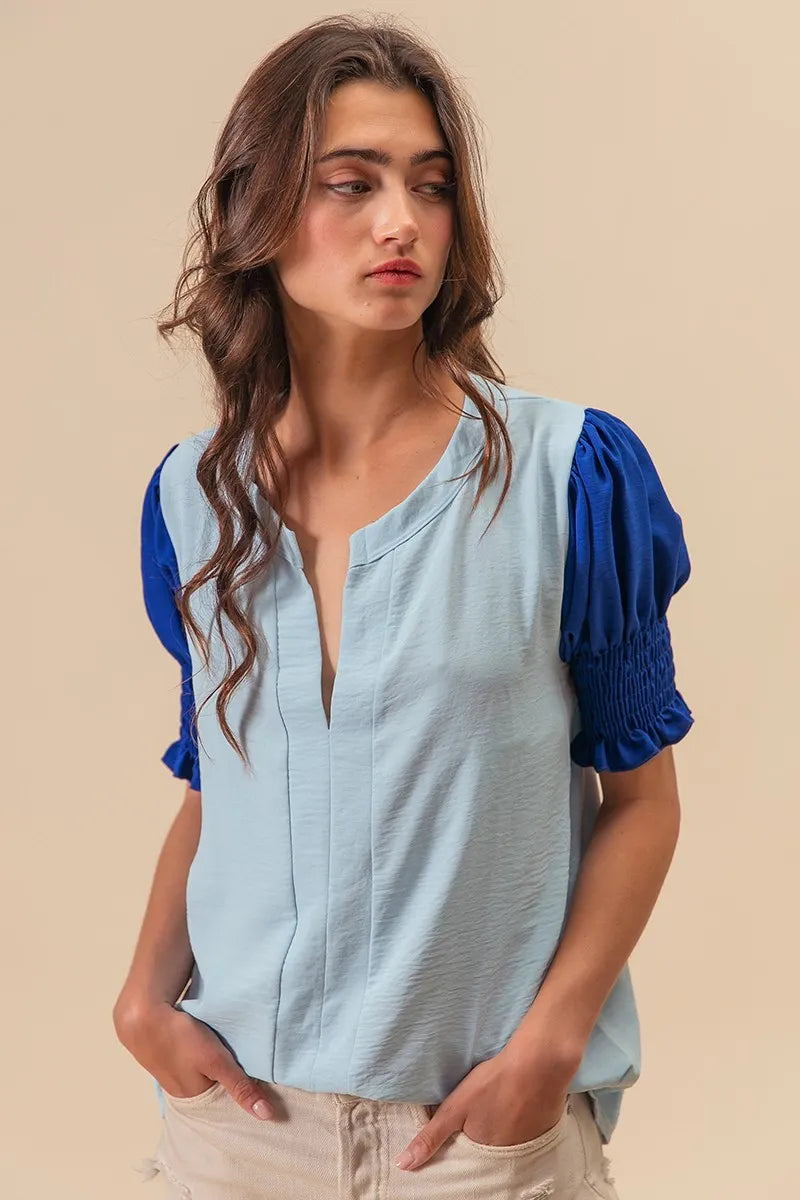 Air Flow Color Block Puff Sleeves V Neck Top-Shirt-Reef Love