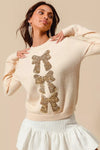 Sequins Gold Bow Embellished Christmas Sweater-Reef Love