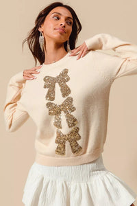 Sequins Gold Bow Embellished Christmas Sweater-Reef Love